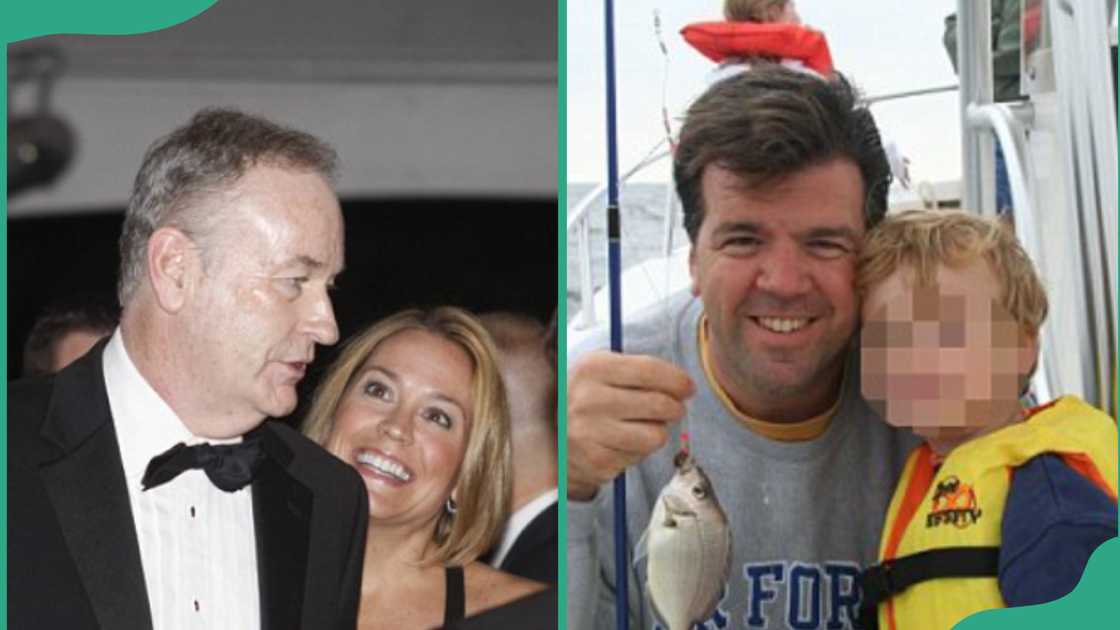 Maureen McPhilmy and Bill O'Reilly during happier times and Jeff Gross with his son fishing