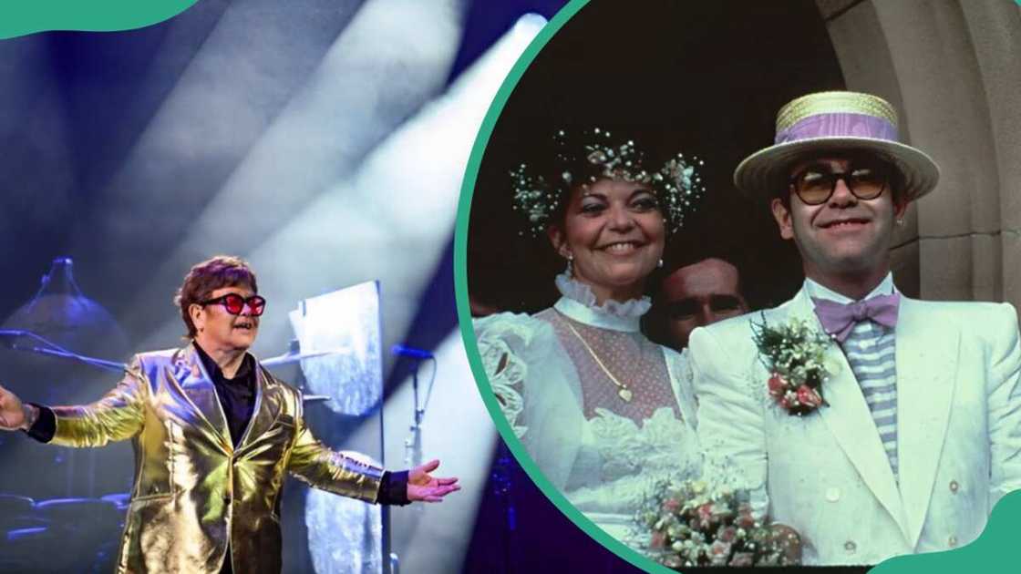 Sir Elton John performing on stage (L). Renate Blauel and her ex-husband during their wedding (R) Sir Elton John performing on stage (L). Renate Blauel and her ex-husband during their wedding (R)