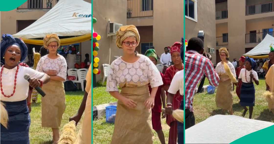 Oyinbo girl in Nigerian school joins yoruba dance