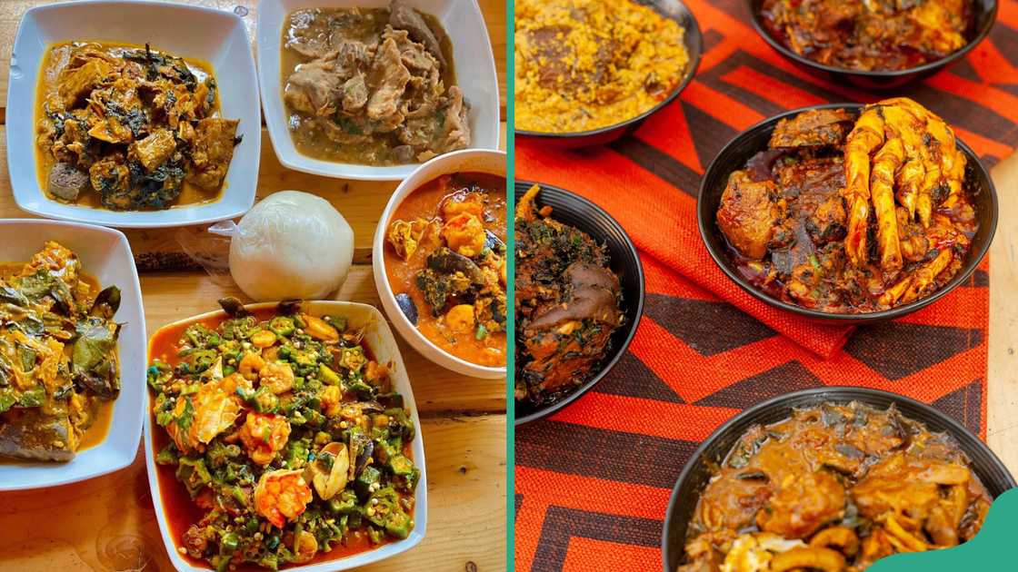 Variety of soups richly garnished with assorted meats, seafood, and traditional spices and a wrapped pounded yam at the centre (L). Rich soups featuring goat meat, dried fish, snails, periwinkle, and crab claws (R). Variety of soups richly garnished with assorted meats, seafood, and traditional spices and a wrapped pounded yam at the centre (L). Rich soups featuring goat meat, dried fish, snails, periwinkle, and crab claws (R).