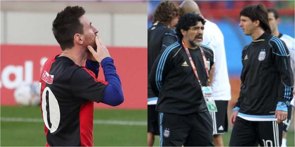 Lionel Messi displays Newell's Old Boy shirt after scoring in tribute to Maradona