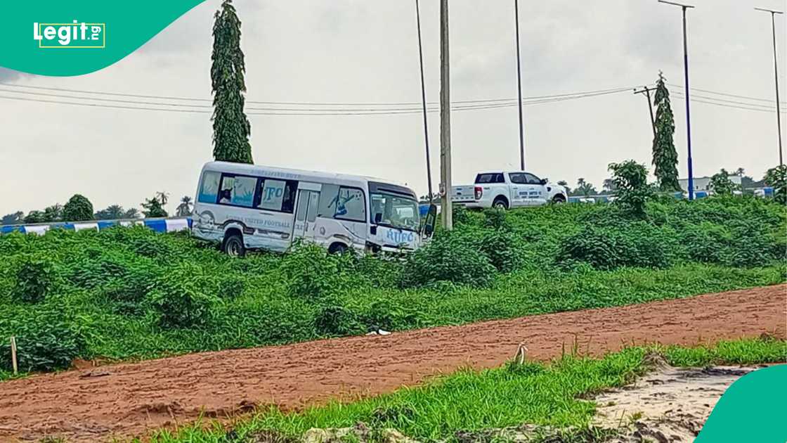 Rivers United team bus after the accident. Photo by Charles Mayuku.