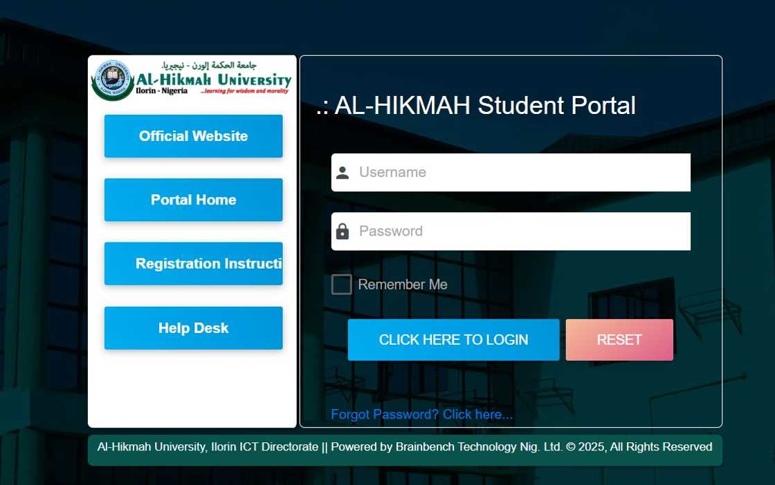 A screenshot of Al-Hikmah University online portal A screenshot of Al-Hikmah University online portal