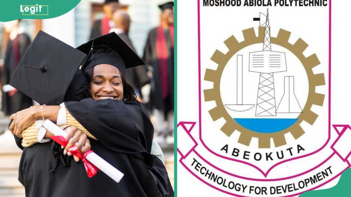 Graduates happily hugging each other (L). Moshood Abiola Polytechnic logo (R)