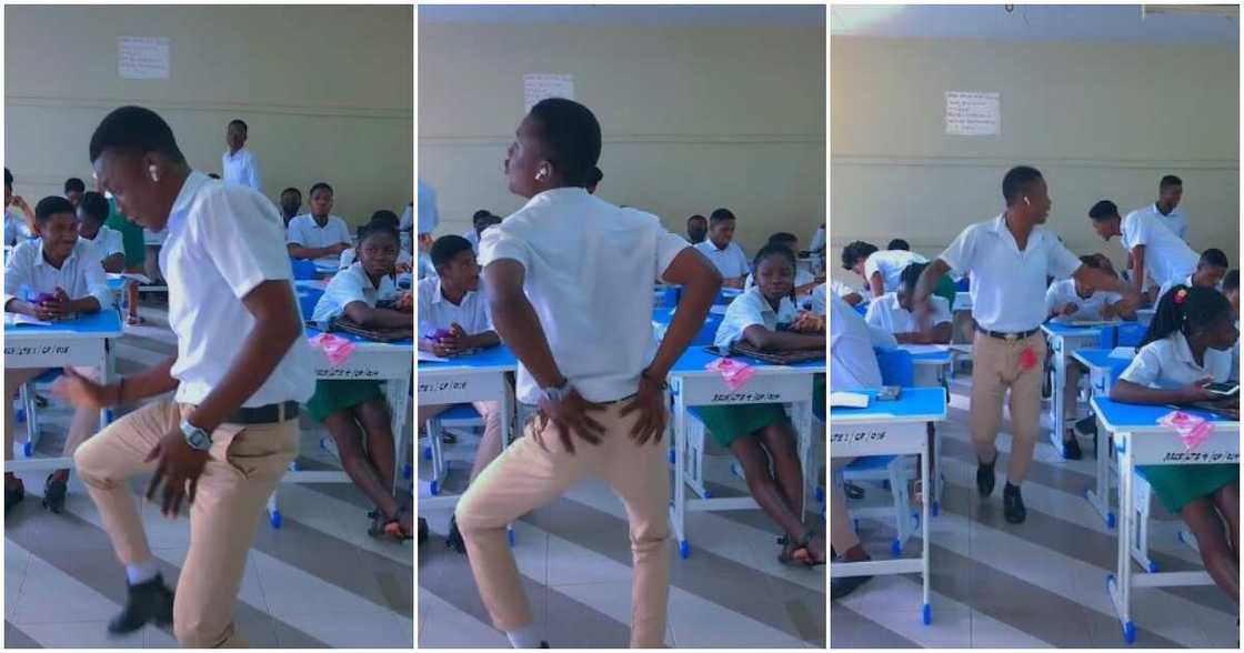 Schoolboy in uniform dances in class, student in uniform dances in front of the class, boy dancves inn school Schoolboy in uniform dances in class, student in uniform dances in front of the class, boy dancves inn school