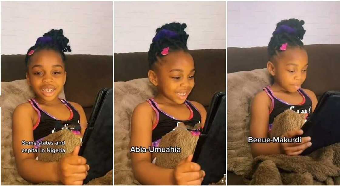 Little girl recites "36 states and capital" with Oyinbo accent, someone compares her to Davido's Imade. Little girl recites "36 states and capital" with Oyinbo accent, someone compares her to Davido's Imade.