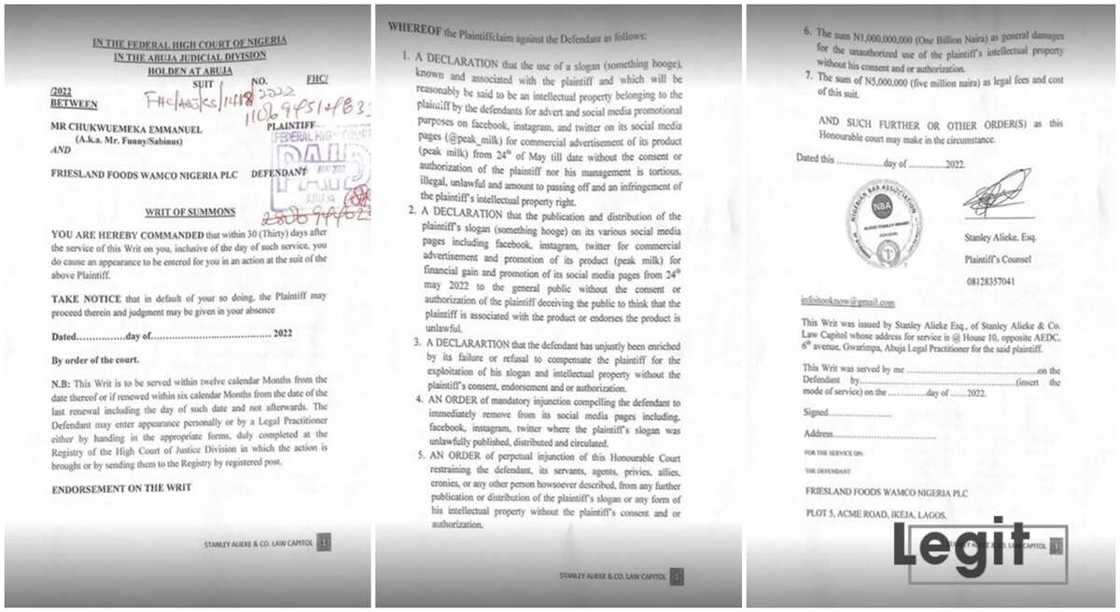 Sabinus' legal suit against Friesland Foods WAMCO Limited. Sabinus' legal suit against Friesland Foods WAMCO Limited.