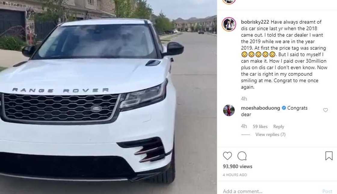 Bobrisky: Cross-dresser acquires 2019 Range Rover