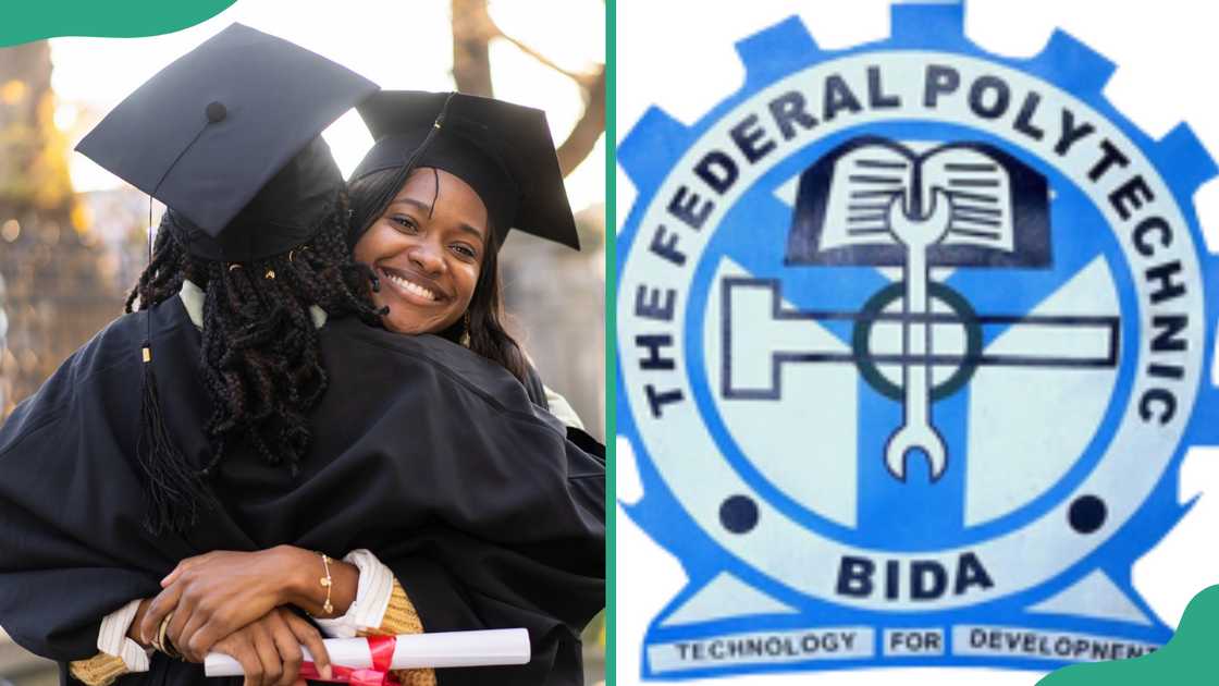 Two female graduates hugging (L). Federal Poly Bida logo (R)