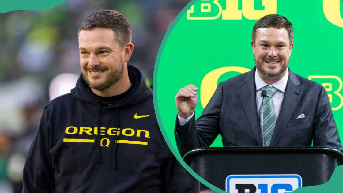 Head coach Dan Lanning at Autzen Stadium in Eugene, Oregon (L). Head coach Dan Lanning at Lucas Oil Stadium in Indianapolis, Indiana (R)