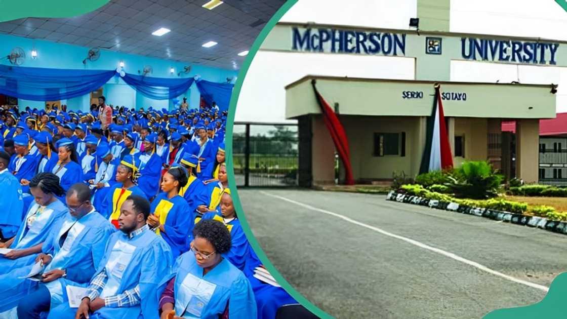 McU's graduants in a hall (L) and a view of McU's main gate