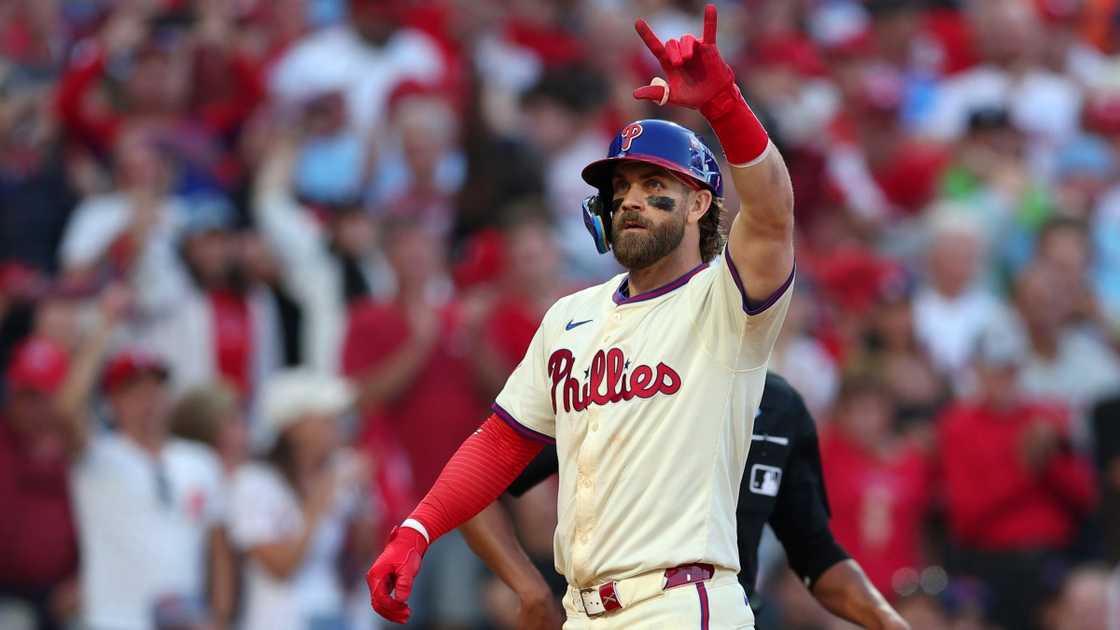 Bryce Harper of the Philadelphia Phillies celebrates after hitting a two-run home run.