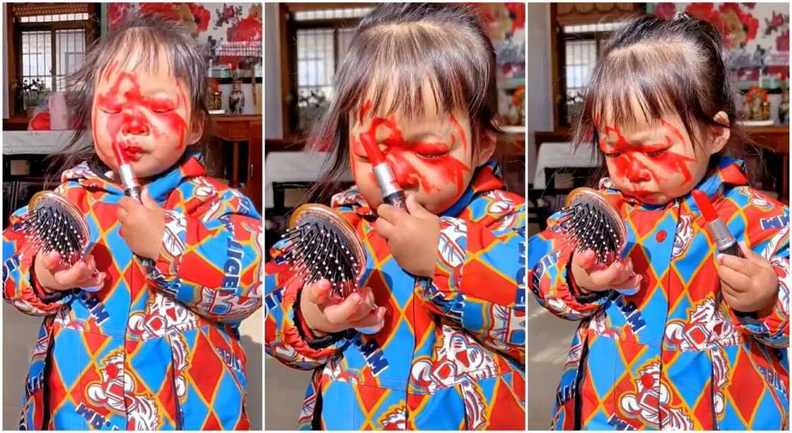 Photos of a baby applying a red lipstick. Photos of a baby applying a red lipstick.