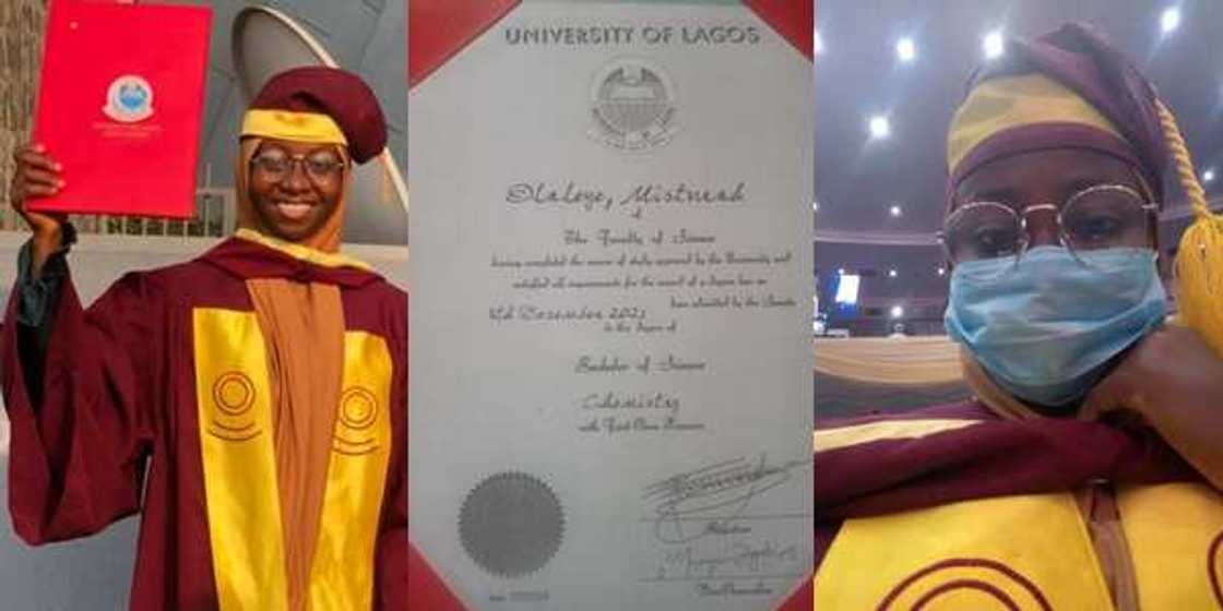 Misturah Olaleye graduated from UNILAG at the recent convocation with a first-class degree in Chemistry Misturah Olaleye graduated from UNILAG at the recent convocation with a first-class degree in Chemistry