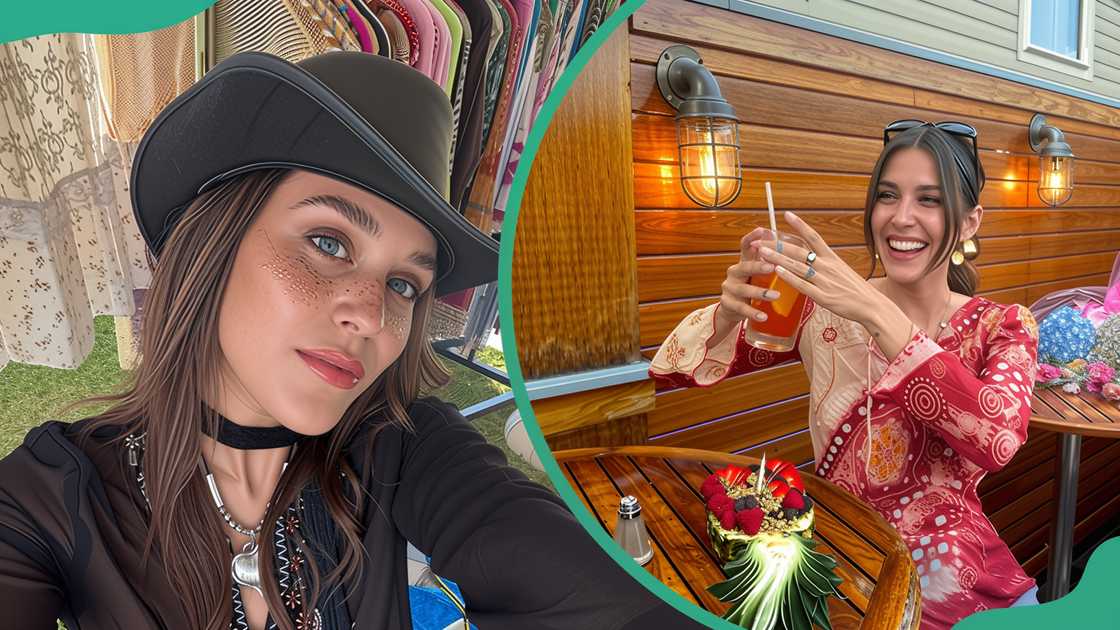 Sydney Gordon in Folk Vintage Co. (L).Sydney Gordon at a restaurant (R) Sydney Gordon in Folk Vintage Co. (L).Sydney Gordon at a restaurant (R)