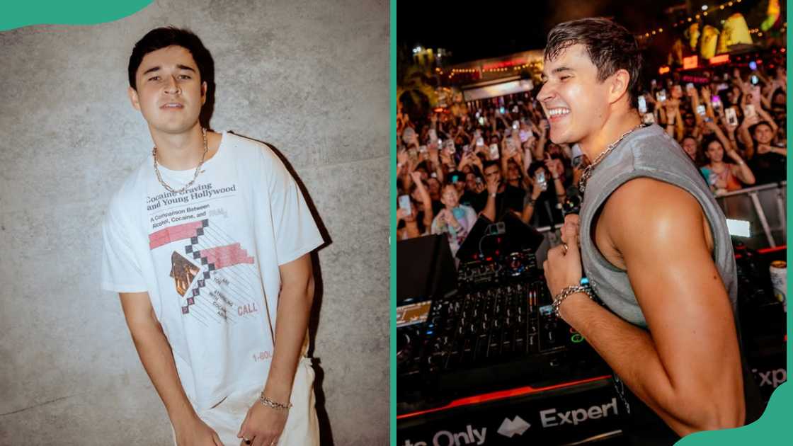 John Summit posing in a white t-shirt and at an event performing.