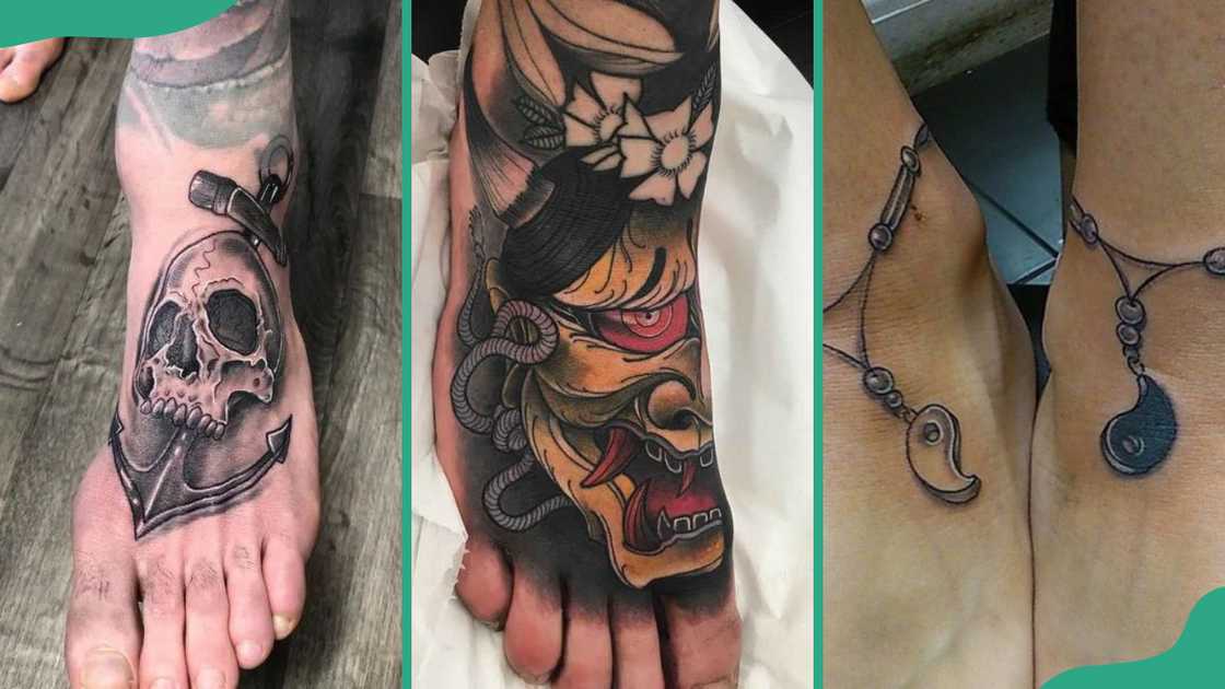 Skeleton (L), Japanese (C) and Yin and Yan (R) tattoos