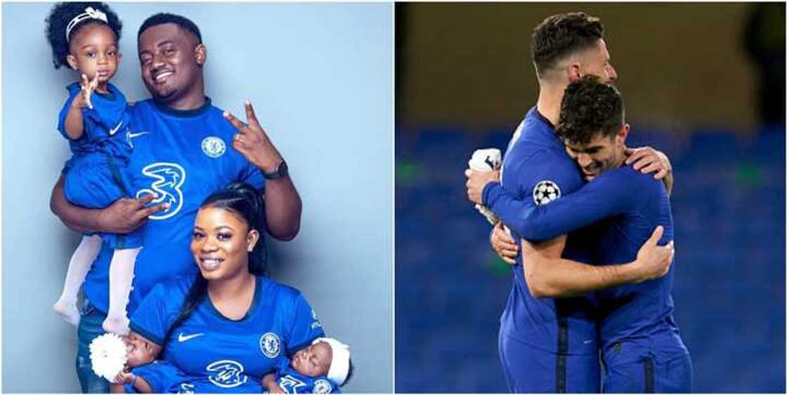 Nigerian man shows off his lovely family putting on Chelsea jersey including his newly born twin daughters Nigerian man shows off his lovely family putting on Chelsea jersey including his newly born twin daughters