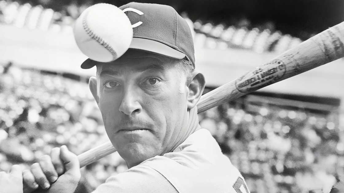 Baseball manager Sparky Anderson pictured batting during baseball practice.