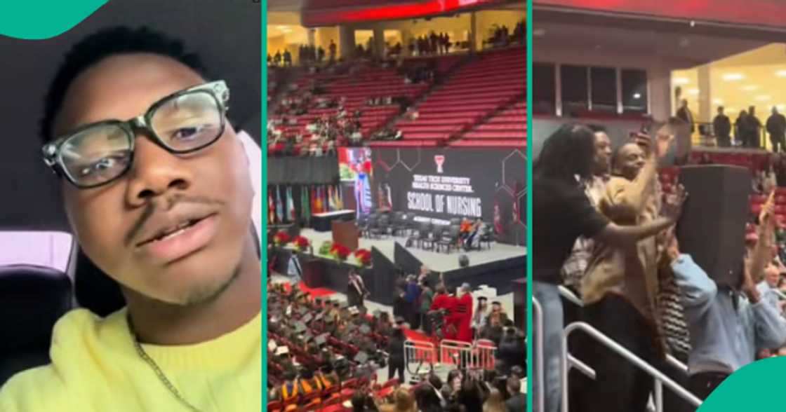 Friends sneakingly bring in speaker as man graduates from school. Friends sneakingly bring in speaker as man graduates from school.