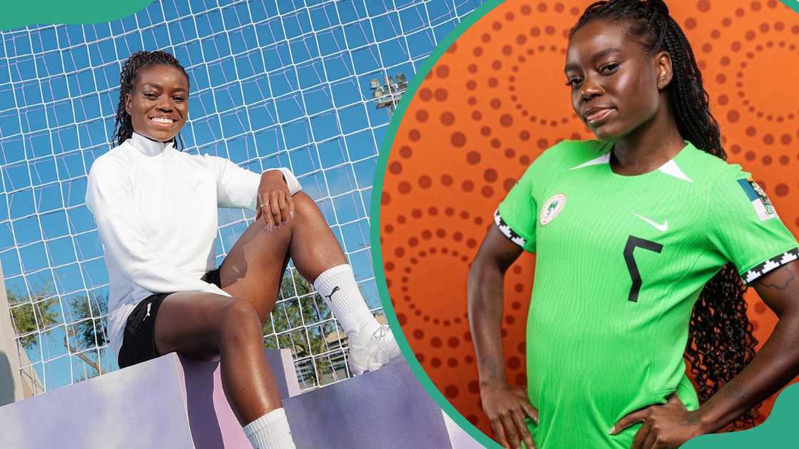 Toni Payne seated in front of a football goal net (L). The football player in a green Nigerian national team football jersey (R)