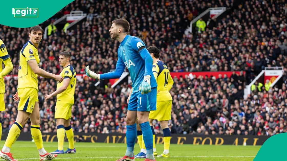 Guglielmo Vicario, Premier League, Manchester United, Tottenham Hotspur, Old Trafford, England. Guglielmo Vicario, Premier League, Manchester United, Tottenham Hotspur, Old Trafford, England.