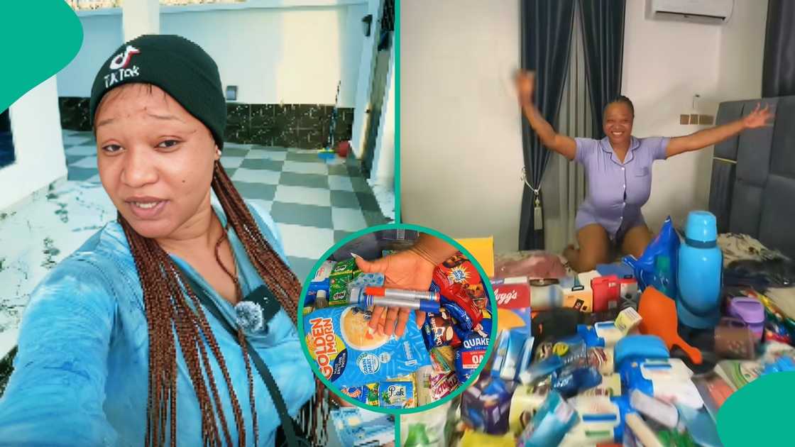 Nigerian lady packs large amount of food, toiletries, and supplies for NYSC camp, showing items like cornflakes, milk, and detergents in viral TikTok video.