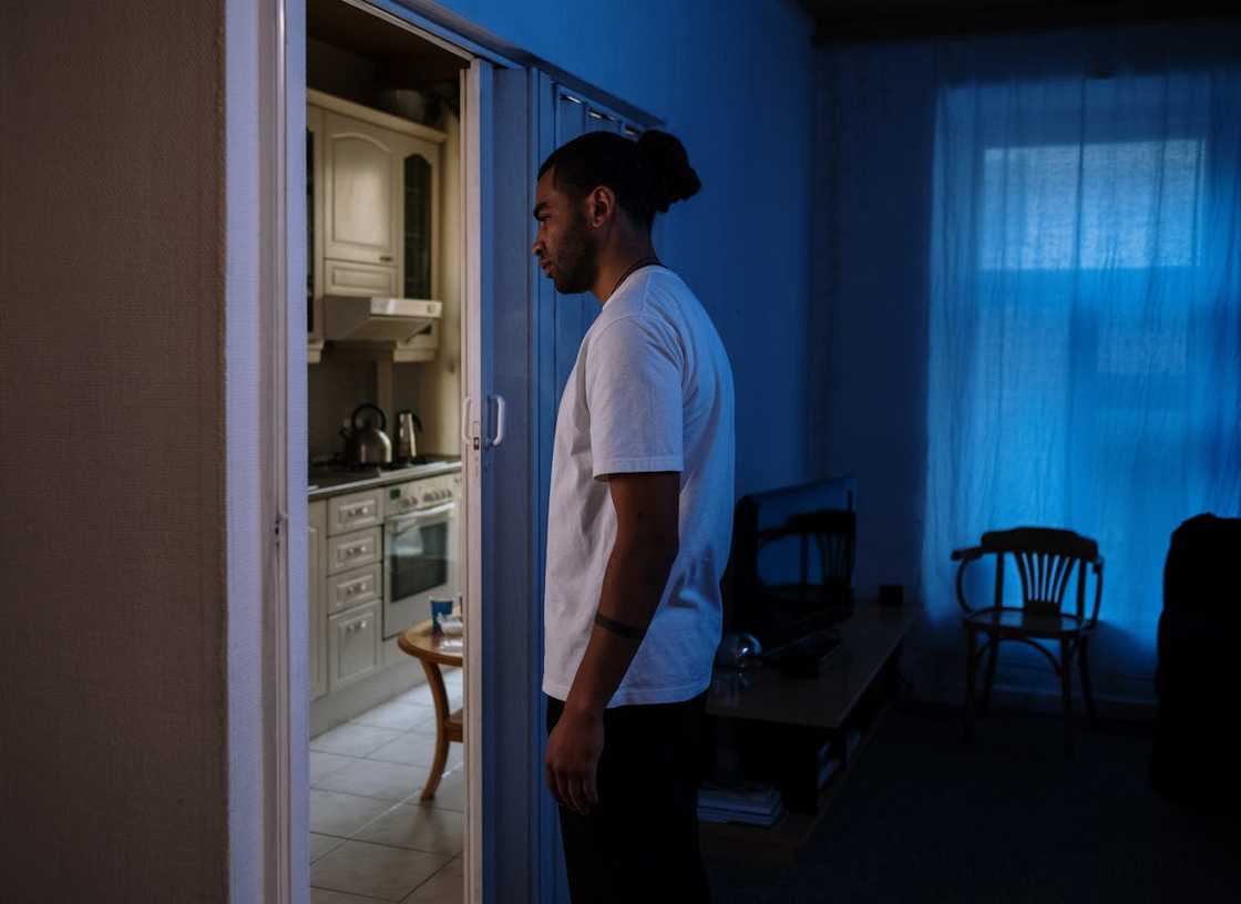 A man stands silently in a doorway between a dim living room and a lit kitchen.