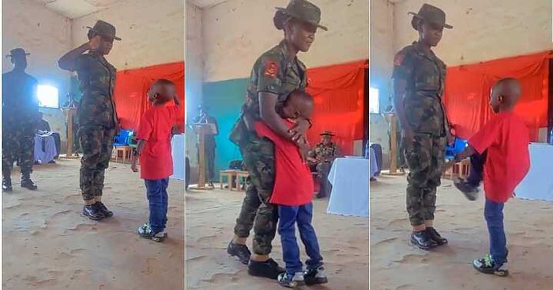 Little boy salutes soldier mum Little boy salutes soldier mum