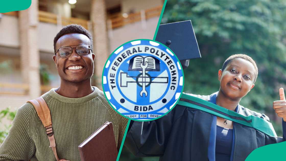 Student at the college building (L). Federal Poly Bida logo (C). A young lady holding a graduation cap high (R)