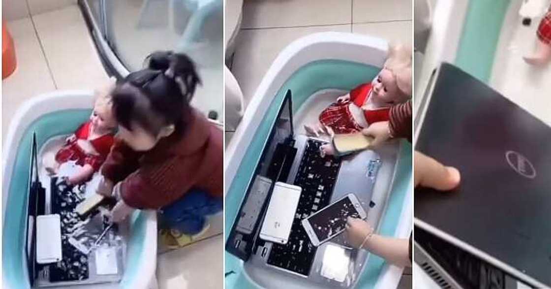 Little girl washes dad's expensive gadgets, soaks in water