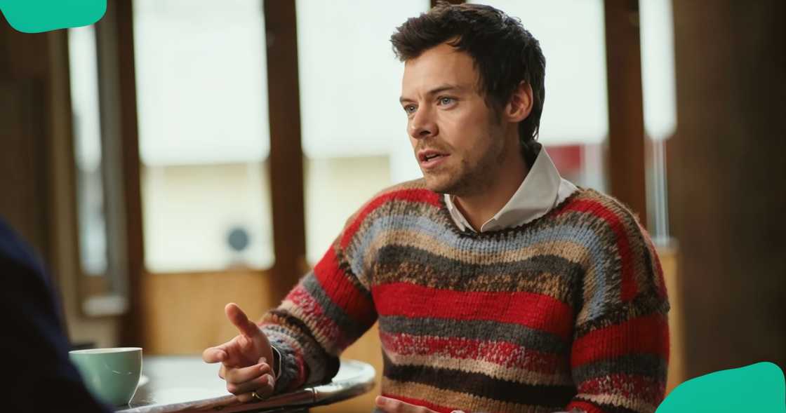 Harry Styles gestures during an interview Harry Styles gestures during an interview