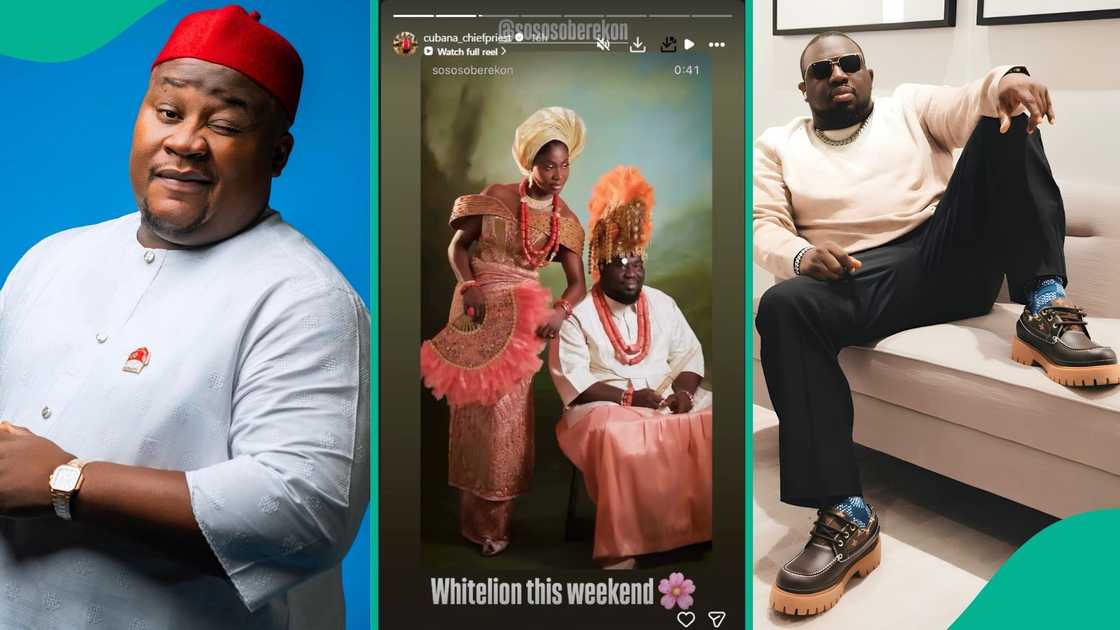 Music executive Soso Soberekon receives congratulatory messages from Cubana Chief Priest after his traditional wedding