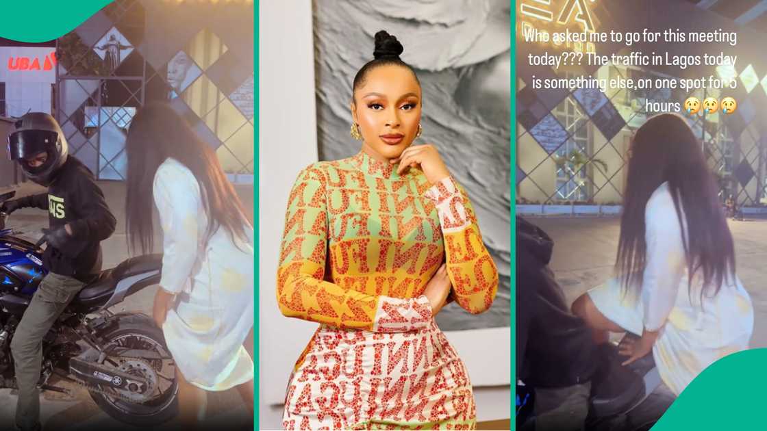 AY Makun's ex-wife Mabel jumps 'okada' after spending several hours in Lagos traffic. AY Makun's ex-wife Mabel jumps 'okada' after spending several hours in Lagos traffic.