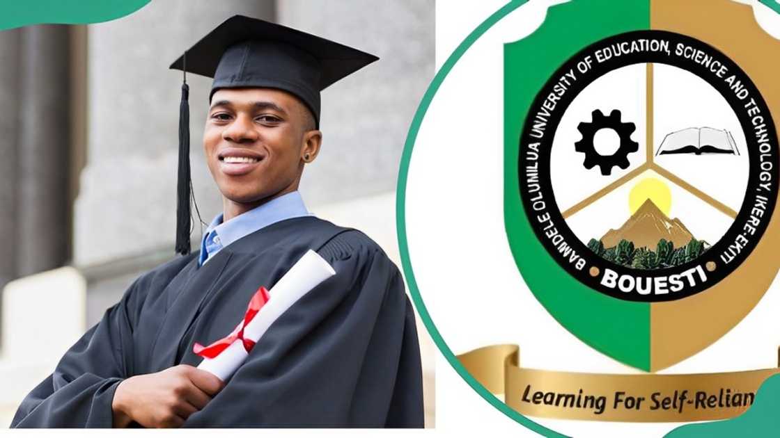 Bamidele Olumilua University graduating student (L). The Bamidele University logo (R)