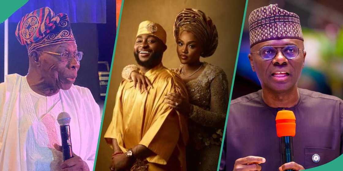 Former President Olusegun Obasanjo, Governor Babajide Sanwo-Olu of Lagos and other influential politicians reportedly stormed the wedding of the afro beat singer, Davido and Chioma. Former President Olusegun Obasanjo, Governor Babajide Sanwo-Olu of Lagos and other influential politicians reportedly stormed the wedding of the afro beat singer, Davido and Chioma.
