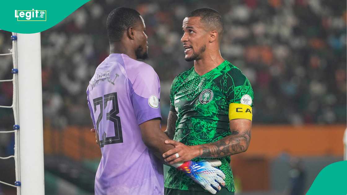 Stanley Nwabali, William Troost-Ekong, Super Eagles, Nigeria, AFCON 2023, Ekong speaks to Nwabali during AFCON 2023 final. Stanley Nwabali, William Troost-Ekong, Super Eagles, Nigeria, AFCON 2023, Ekong speaks to Nwabali during AFCON 2023 final.