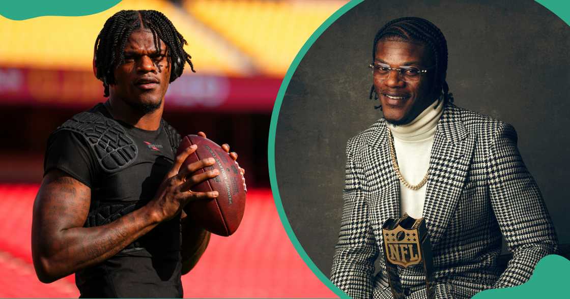 Lamar Jackson poses standing while holding a ball in a football field (L). The football player is pictured sitting while holding an NFL MVP award against a grey background.