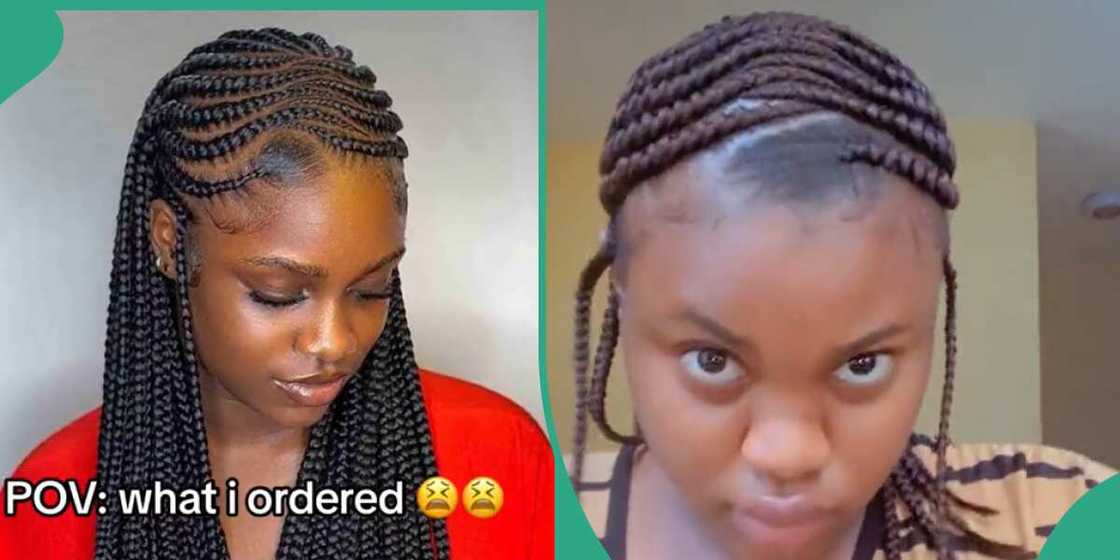 Lady showing hair she wanted and what hairstylist did for her. Lady showing hair she wanted and what hairstylist did for her.