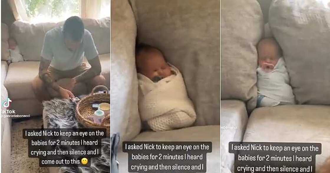 Dad tucks baby into couch, babysit Dad tucks baby into couch, babysit