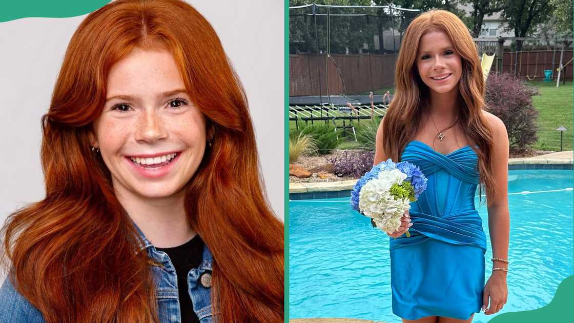 Social media influencer Harper Zilmer smiles (L). She stands beside a swimming pool holding a bunch of flowers (R) Social media influencer Harper Zilmer smiles (L). She stands beside a swimming pool holding a bunch of flowers (R)