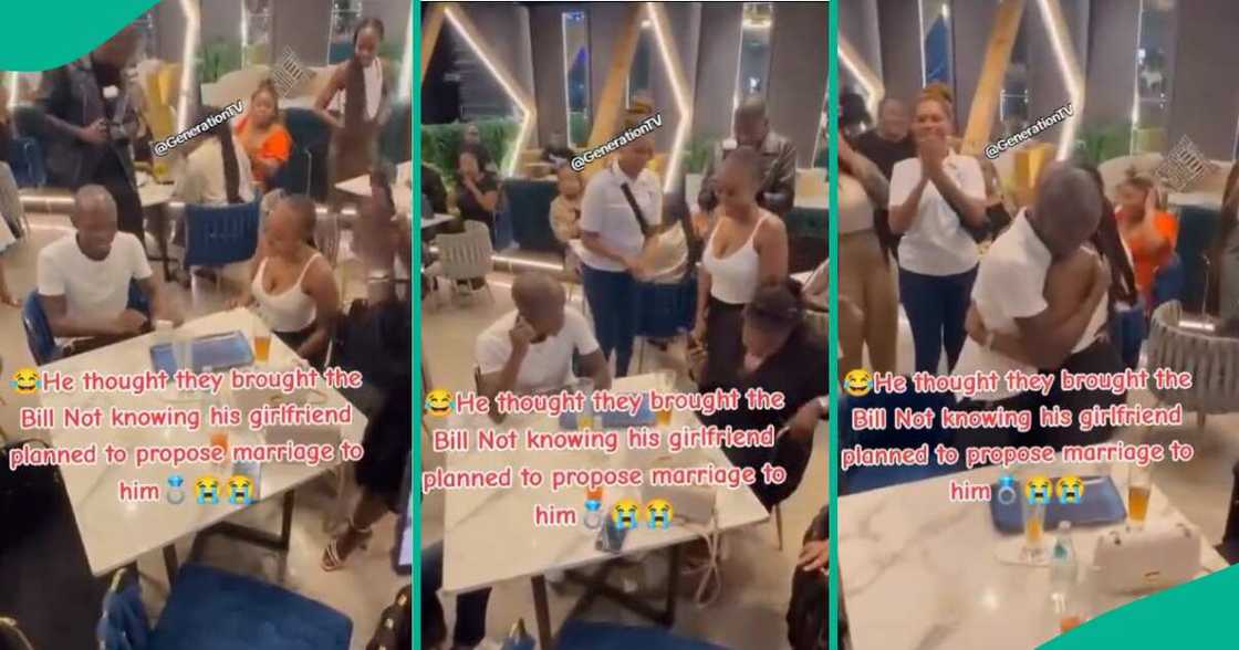 Lady proposes to her man at a restaurant Lady proposes to her man at a restaurant