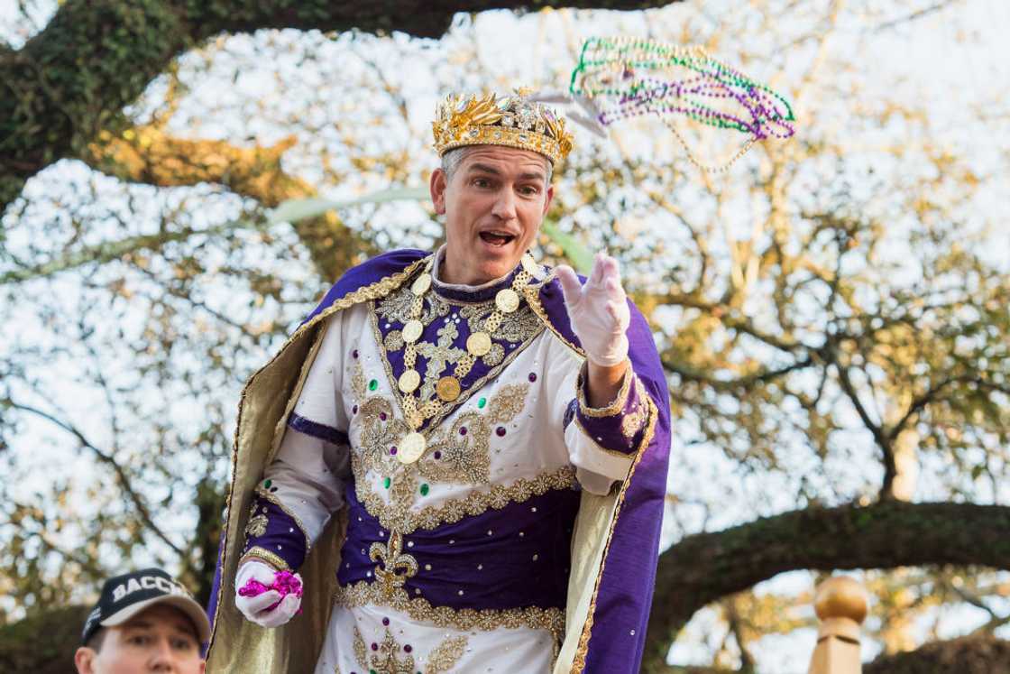 Actor Jim Caviezel reigns as King of Bacchus XLIXI in the 2017 Krewe of Bacchus parade Actor Jim Caviezel reigns as King of Bacchus XLIXI in the 2017 Krewe of Bacchus parade