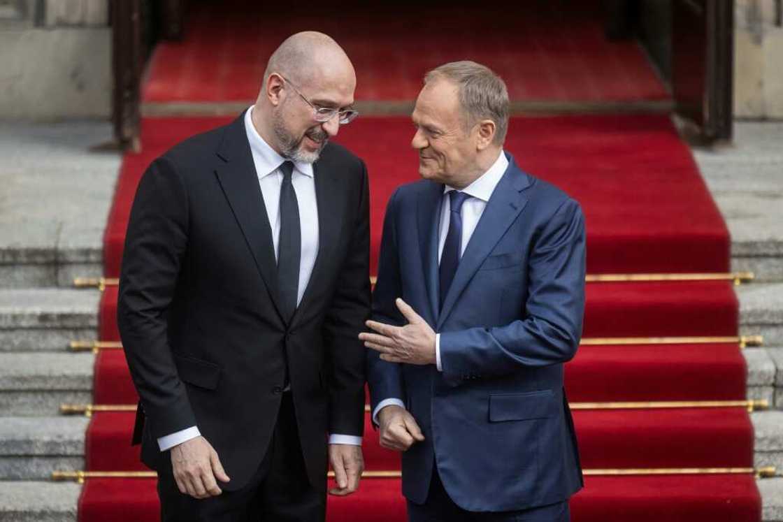 Ukrainian Prime Minister Denys Shmyhal (Ukrainian Prime Minister Denys Shmygal (L) said he hoped to have 'pragmatic and constructive' talks with Polish counterpart Donald Tusk (R) L) said he hope to have 'pragmatic and constructive' talks with Polish counterpart Donald Tusk (R) Ukrainian Prime Minister Denys Shmyhal (Ukrainian Prime Minister Denys Shmygal (L) said he hoped to have 'pragmatic and constructive' talks with Polish counterpart Donald Tusk (R) L) said he hope to have 'pragmatic and constructive' talks with Polish counterpart Donald Tusk (R)