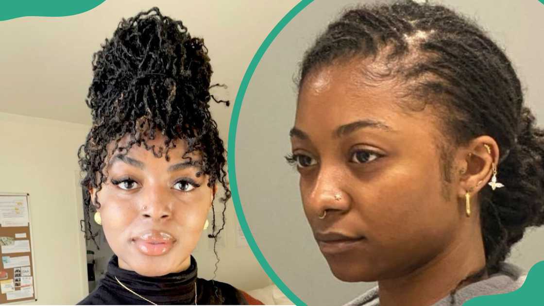 High bun with bangs (L) and low bun (R) sisterlocks High bun with bangs (L) and low bun (R) sisterlocks