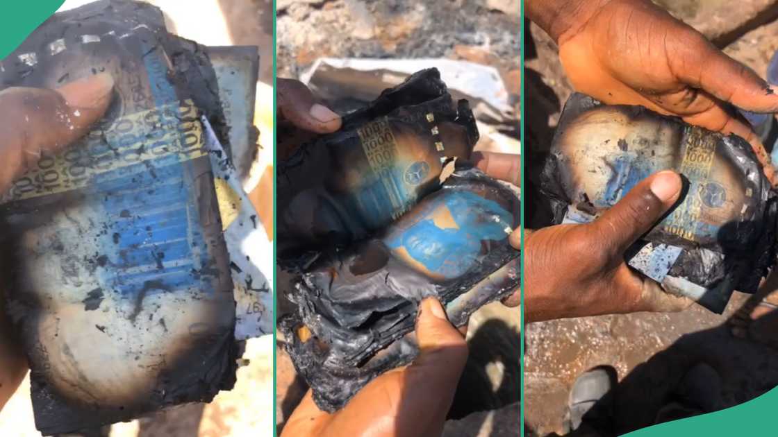 Bundles of naira notes burnt by fire.