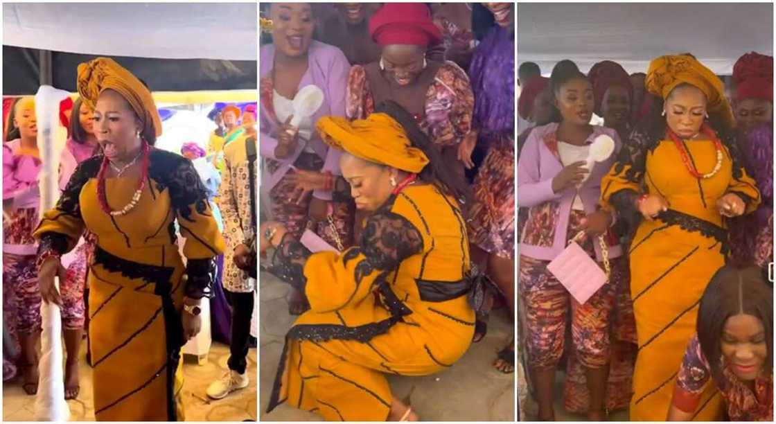 Beautifully dressed bride in mustard dress uses great dance like Kora Obidi to entertain her guests. Beautifully dressed bride in mustard dress uses great dance like Kora Obidi to entertain her guests.