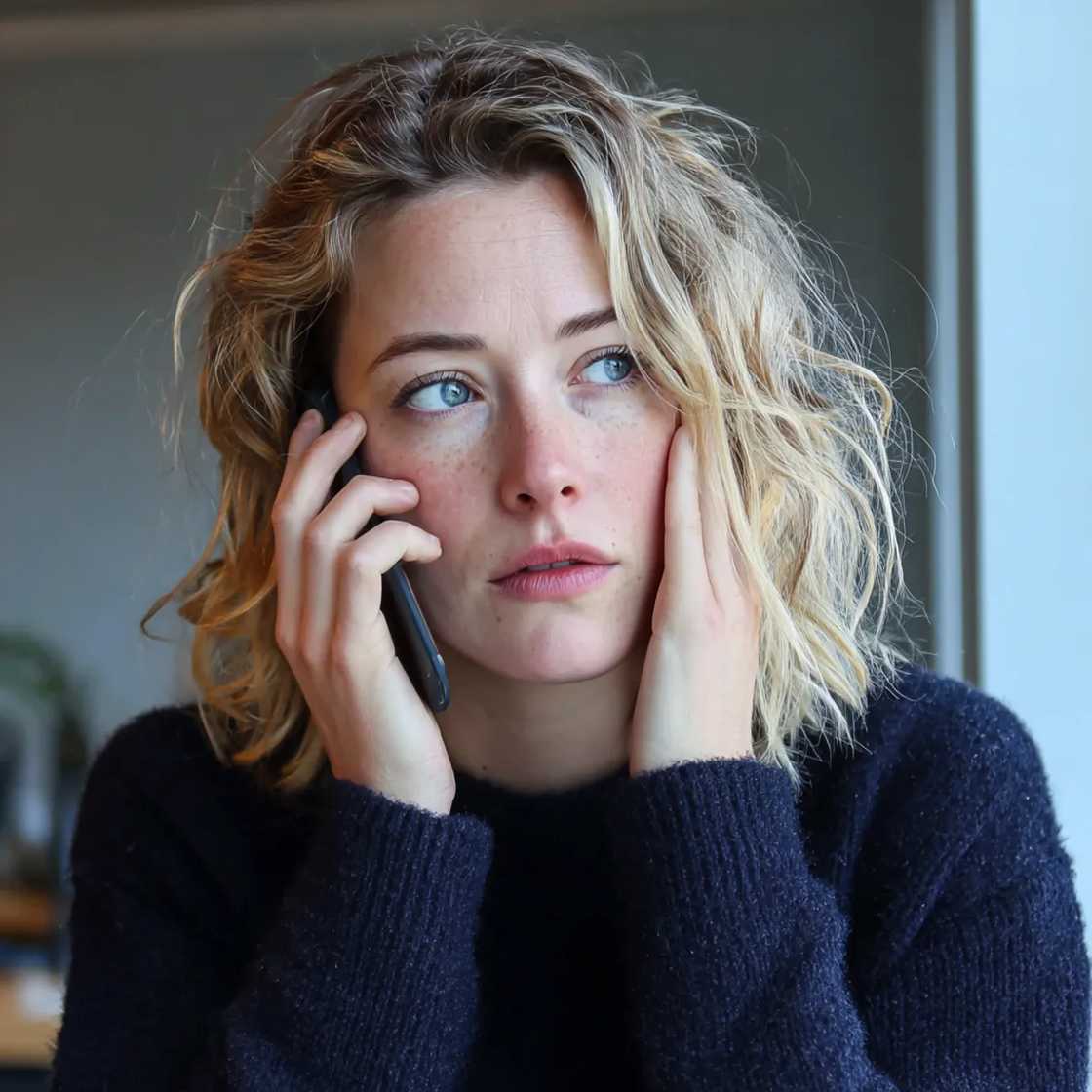 A woman holding her face and talking on a phone A woman holding her face and talking on a phone