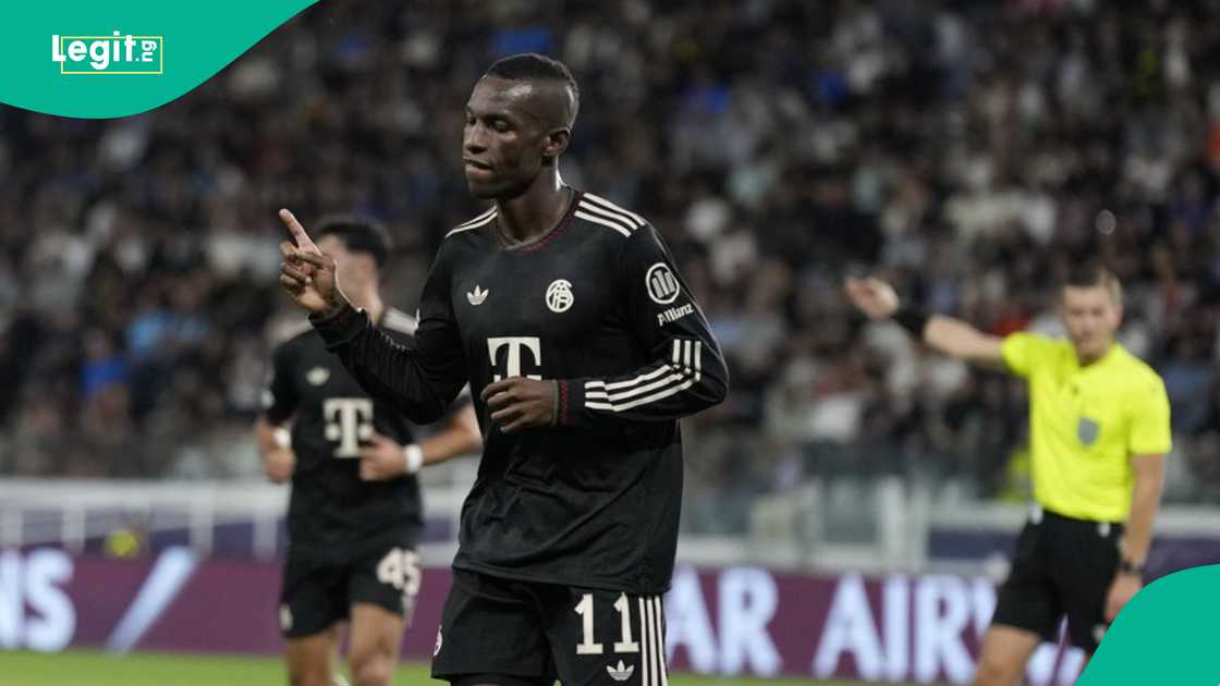 On-loan Chelsea striker Nicolas Jackson celebrates a goal wearing Bayern Munich’s kit.