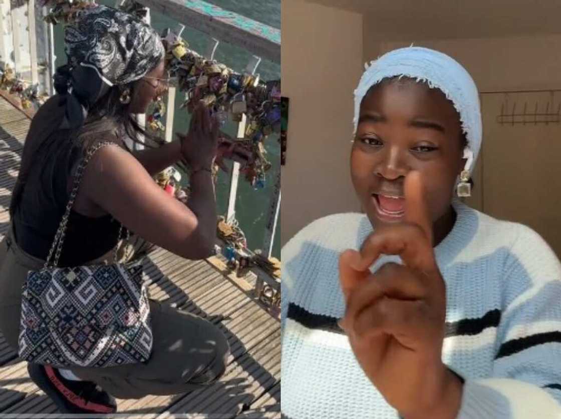 Lady padlocks lover's love to a bridge Lady padlocks lover's love to a bridge